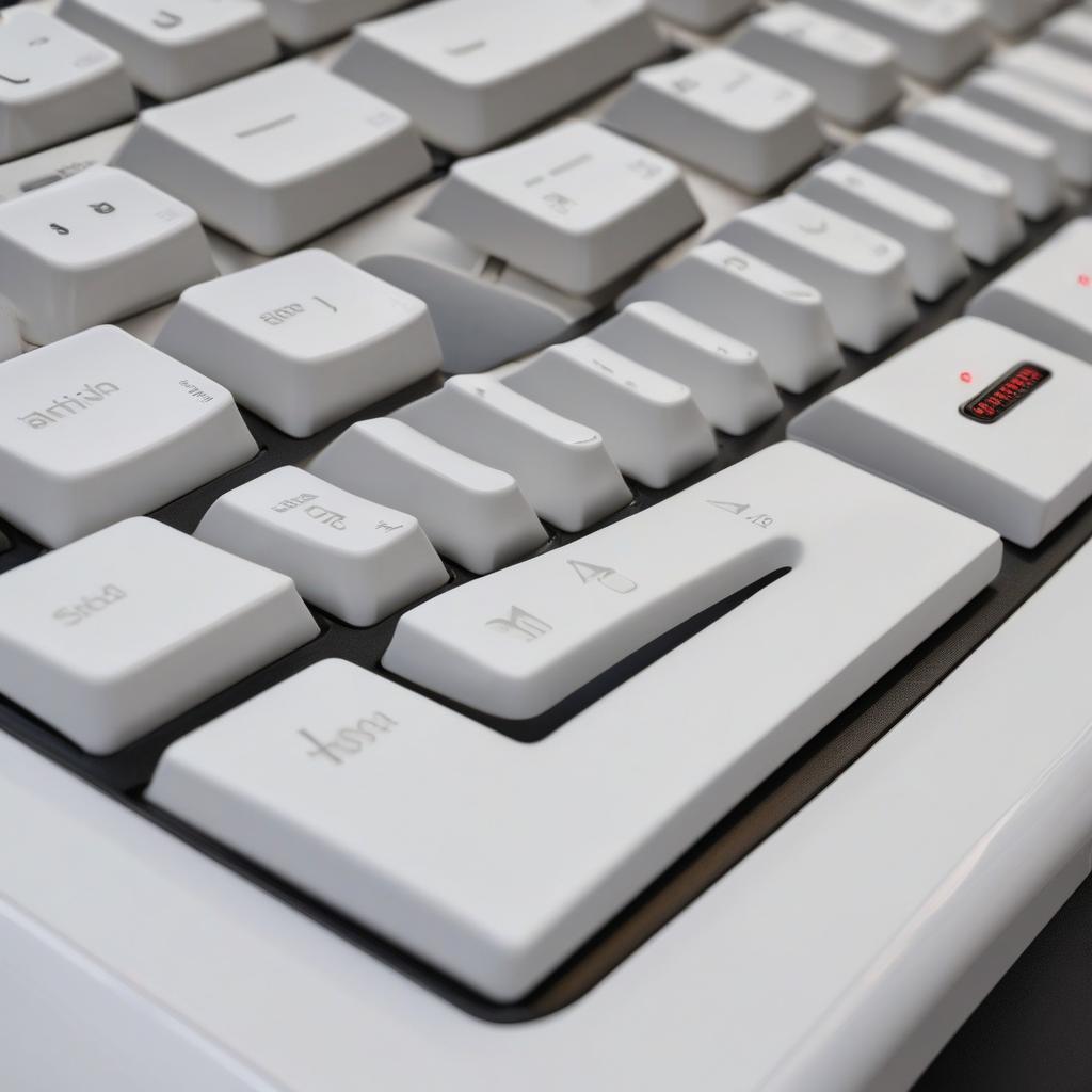 A close-up view of the Activejet K-3066SW keyboard, highlighting its glossy white finish and ergonomic layout on a stylish desk.