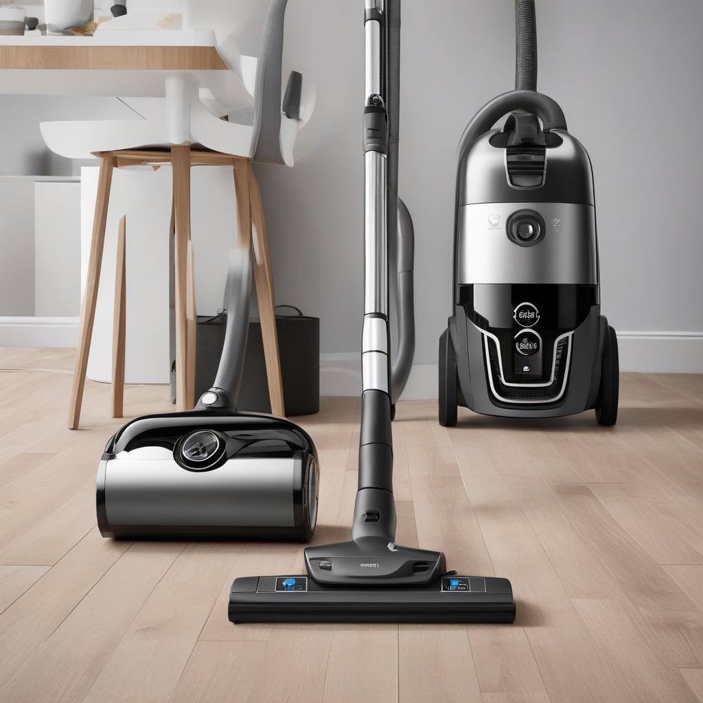 A sleek NILFISK vacuum cleaner model SICL14E08A2-B-HFN, showing its modern design and features, color accents and details highlighted.