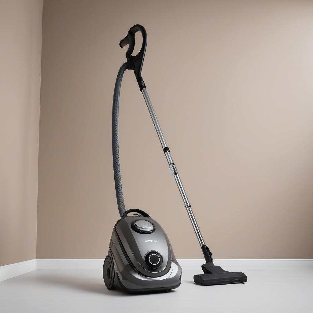 Close-up of the NILFISK vacuum cleaner 450W, focusing on its design, logo, and functional parts in a clean, minimal background.