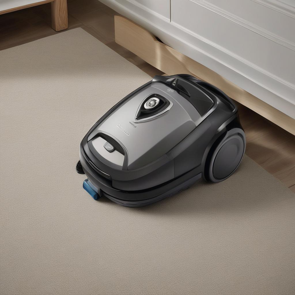 A close-up view of the Electrolux vacuum cleaner 500W D8.2 PD82-4MB, showcasing its details, such as buttons and suction design, with a clean and polished home environment.