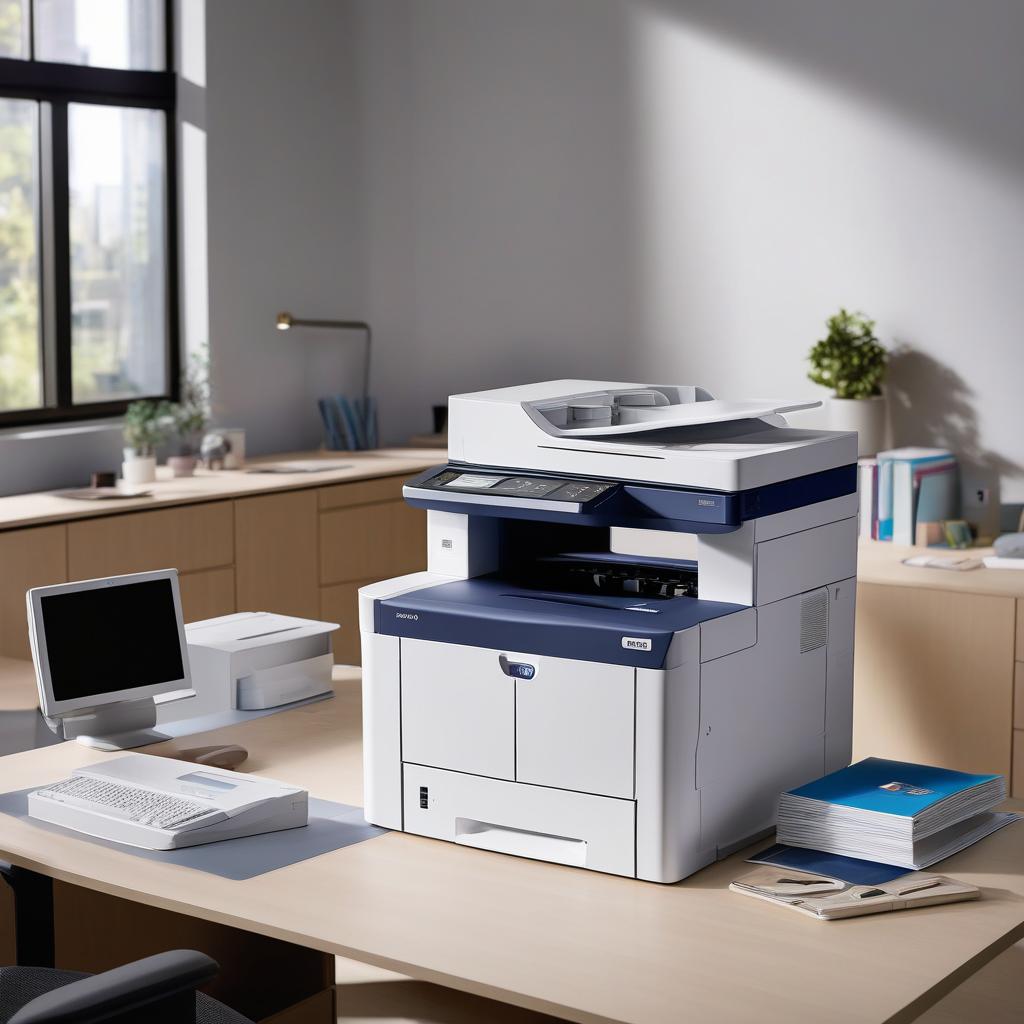 Close-up view of the Xerox C7101V_D multifunction laser printer, highlighting its intricate design and functionality. The image focuses on the paper output tray and scanning features, positioned on a desk with office supplies around.