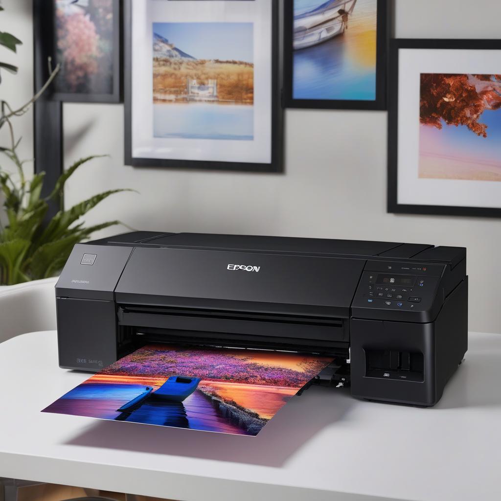 Close-up of the Epson ITS L18050 printer's control panel with vibrant photo prints in the background, highlighting its advanced ink technology.