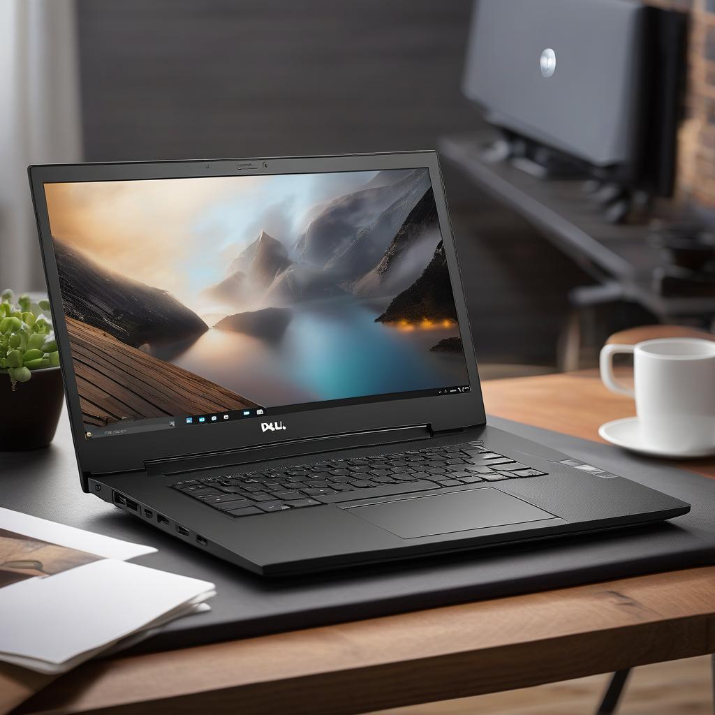 A sleek, black DELL L3470 laptop resting on a wooden desk, showcasing its 14.1-inch screen, i3-6100U processor, and Intel 520 graphics. The scene includes a cozy workspace ambiance with soft lighting.