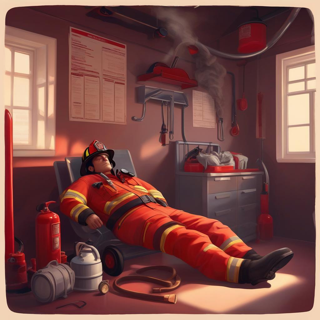 A firefighter peacefully sleeping in a cozy fire station, surrounded by fire equipment and a soft ambiance, soft lighting casting gentle shadows.