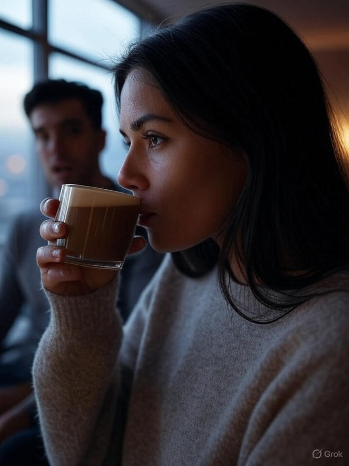 A woman drinking coffee and a man looking at her