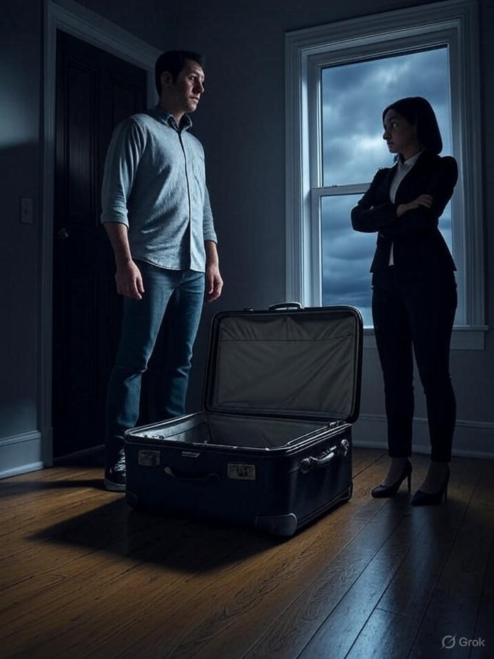 A couple is standing near an open suitcase