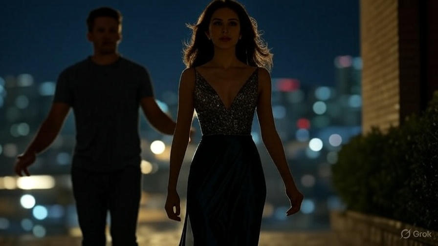 A woman is walking in front, and a man is speaking from behind