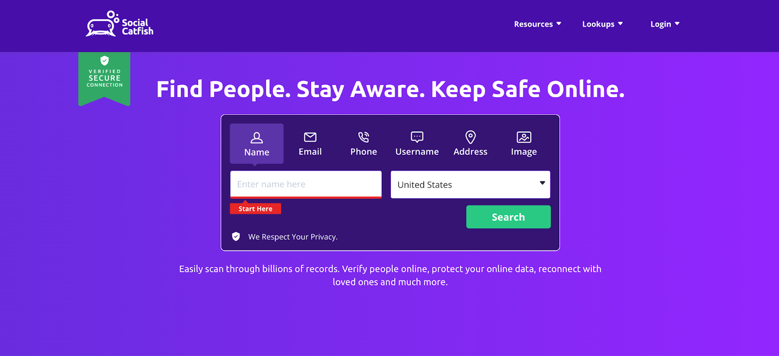 social catfish homepage screenshot