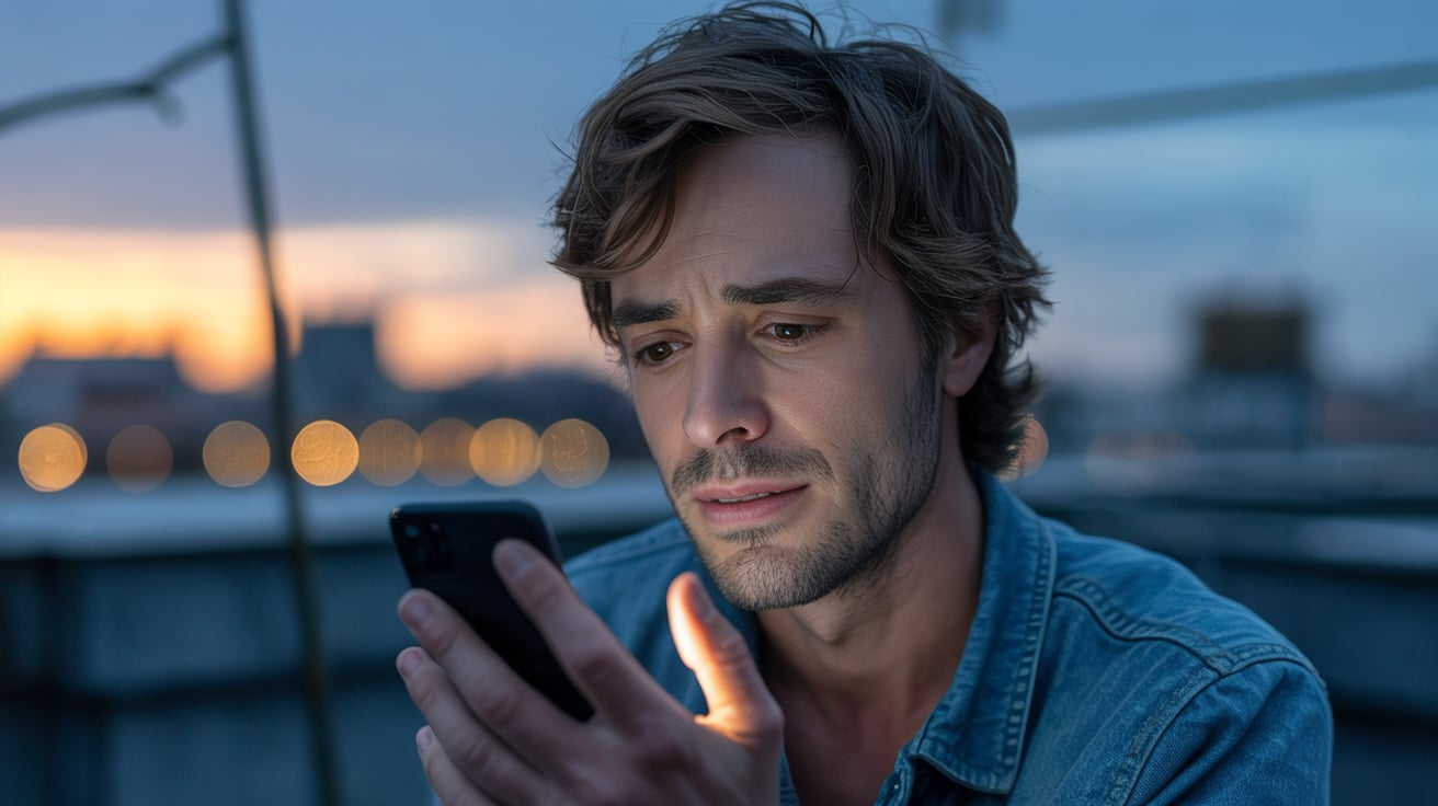 man sitting and looking at his phone in hand