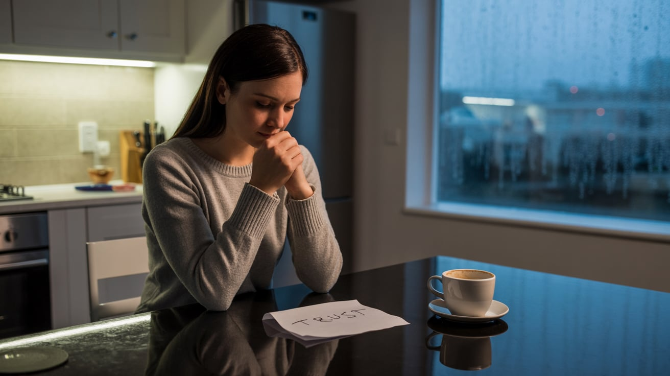 a women having sad face and thinking something and a page on table trust written on it