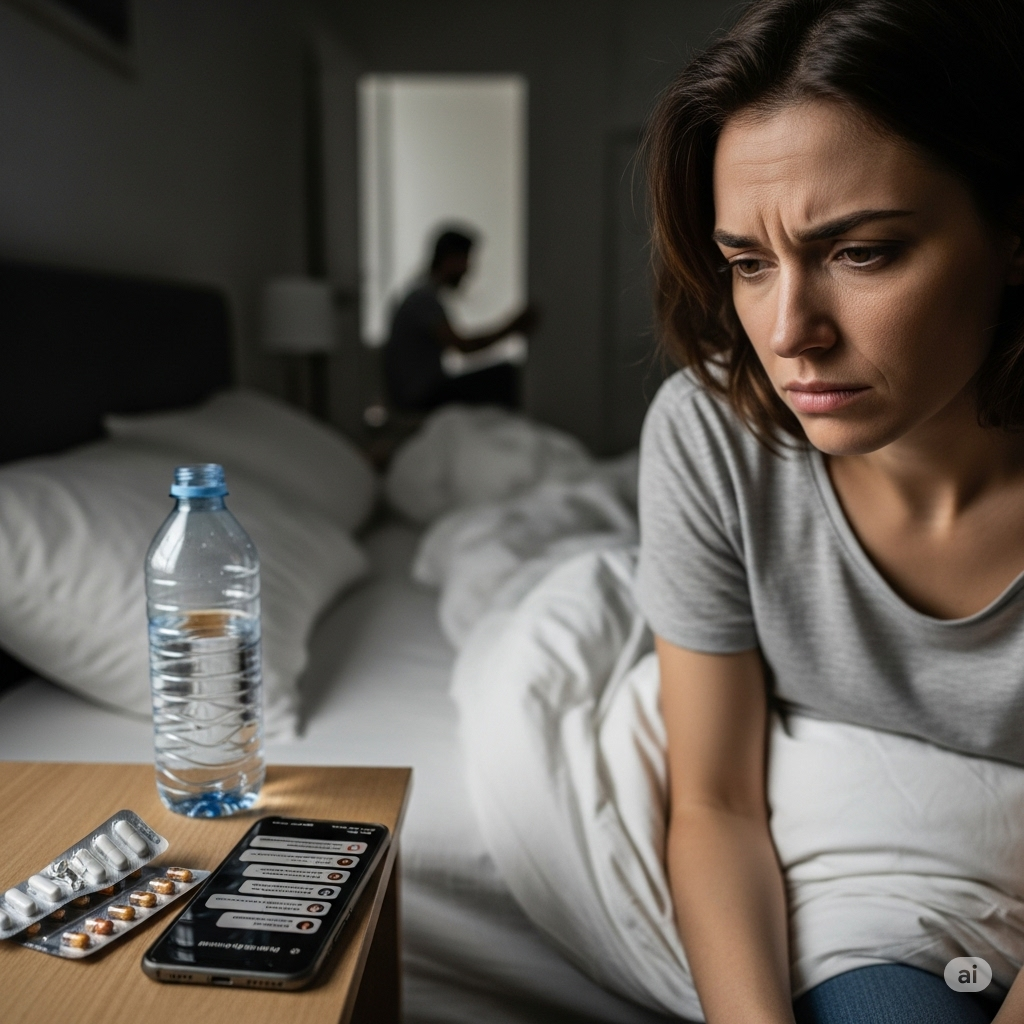 A girl is looking at a table near the bed, which has a mobile phone with multiple notifications and medicine nearby
