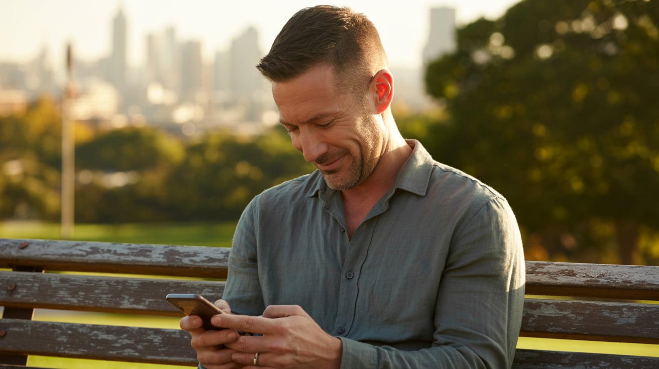 Man sitting on a park bench smiling at his phone with city skyline in the background