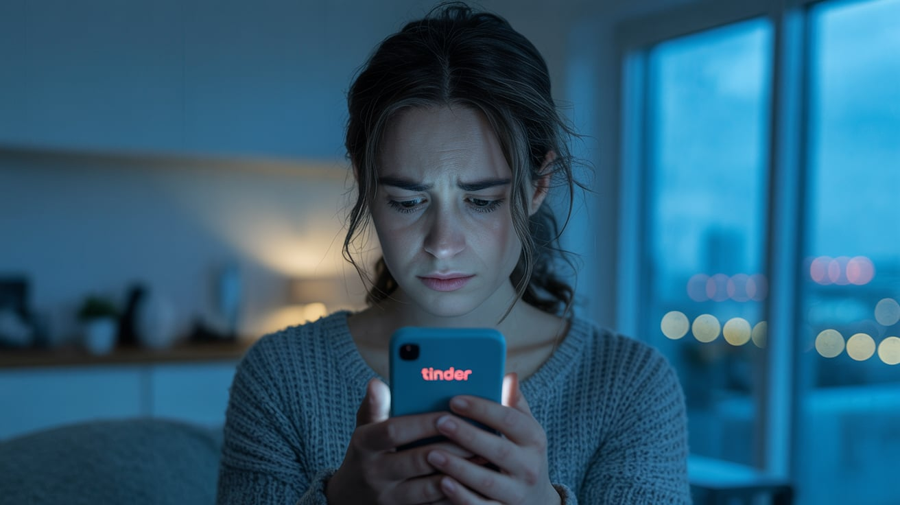 Worried woman looking at her phone with Tinder app open at night inside her home