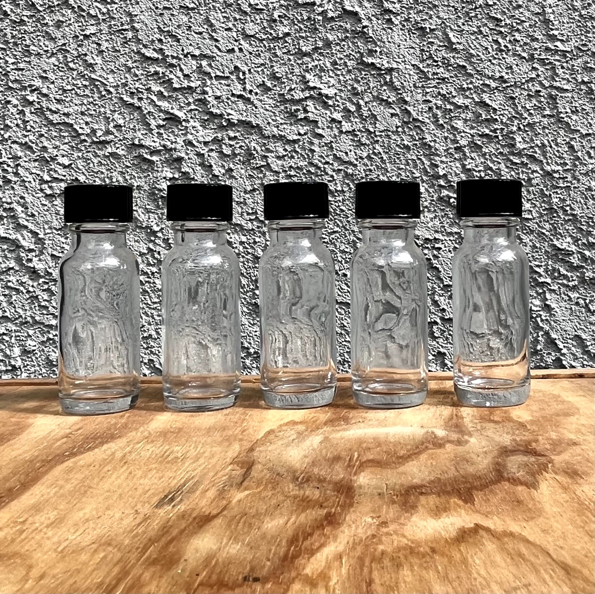 5x 15ml (0.5oz) Clear Boston Round Glass Bottles + Black Phenolic Caps (18mm)