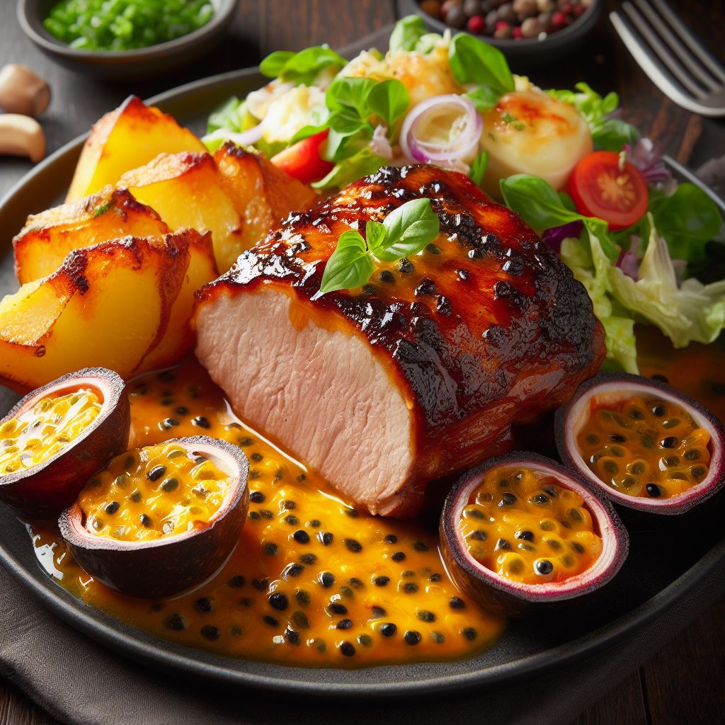 Lomo de cerdo en salsa de maracuya, acompañado con papas en cascos o puré, y ensalada solitario