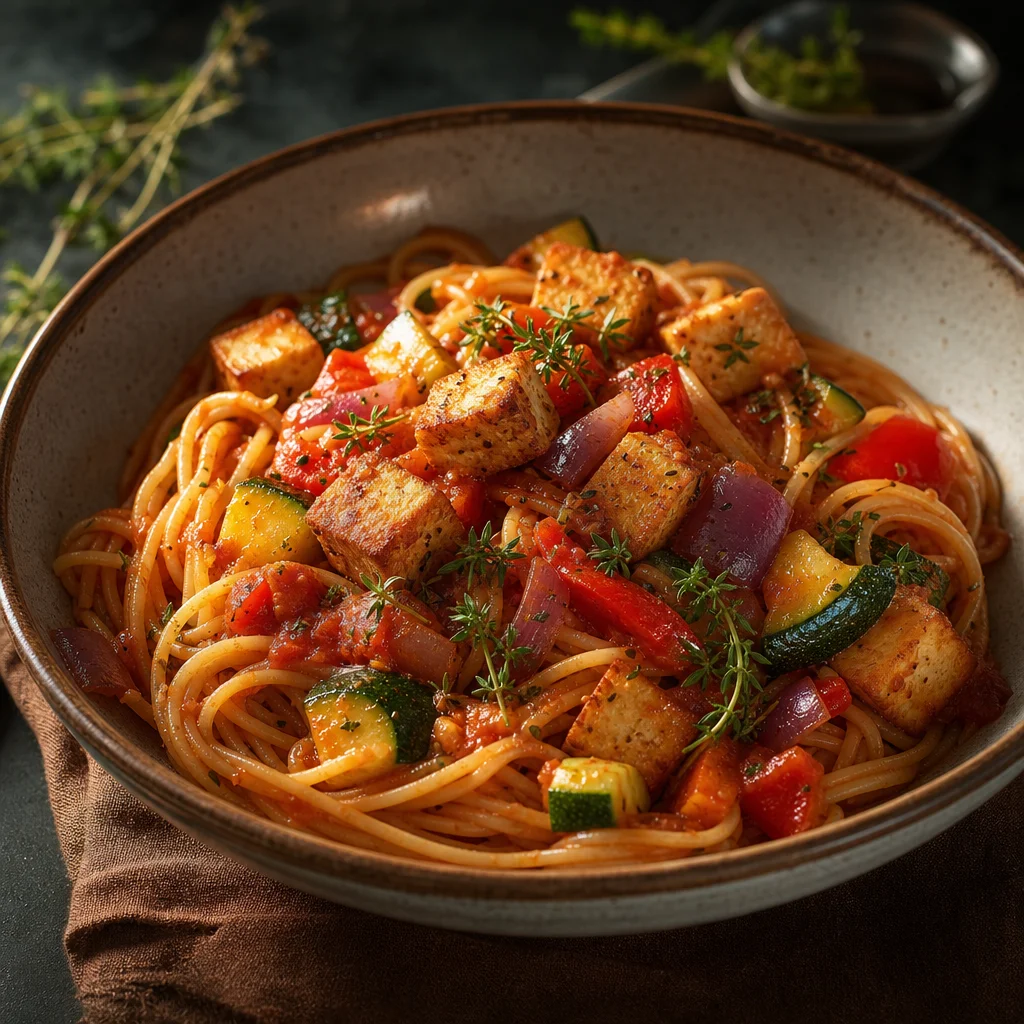 Tomato Thyme Spaghetti with Crispy Tofu and Summer Vegetables