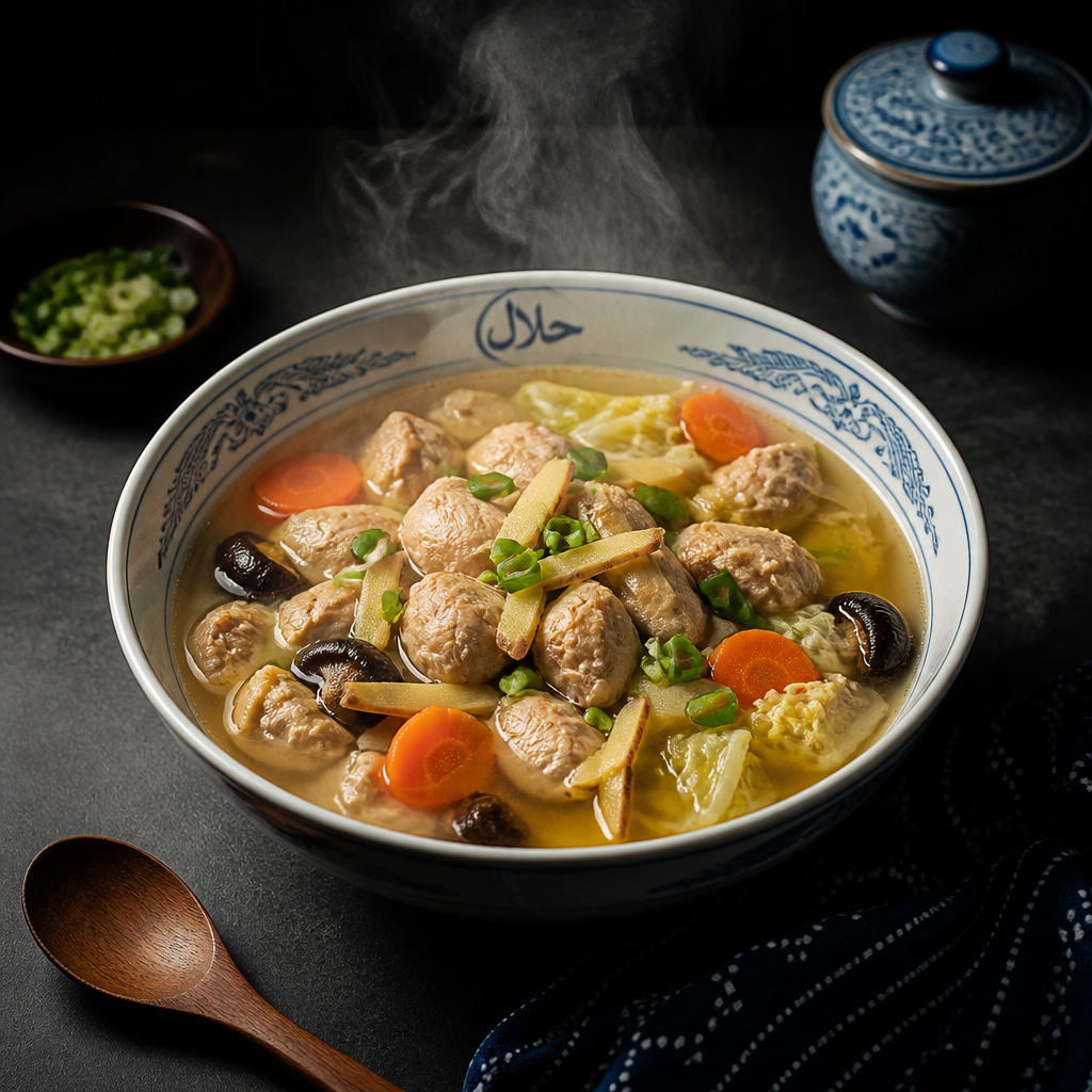 Sopa china al vapor de pollo halal con jengibre