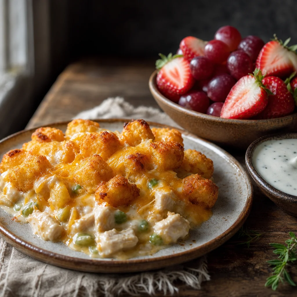 Cheesy Ranch Chicken Tater Tot Bake with Strawberry Grape Salad