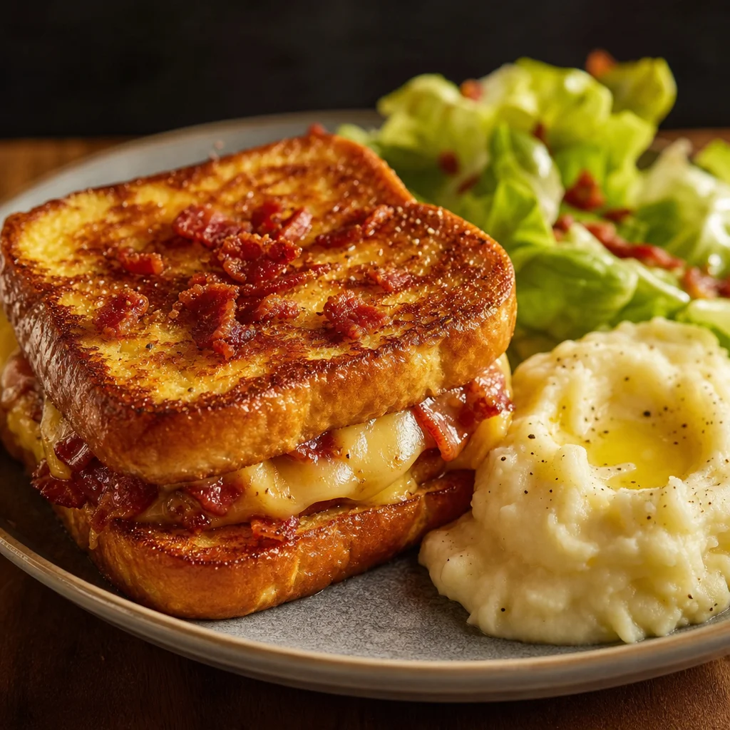 Chicken and Bacon Stuffed French Toast with Butter Lettuce Salad and Mashed Potatoes