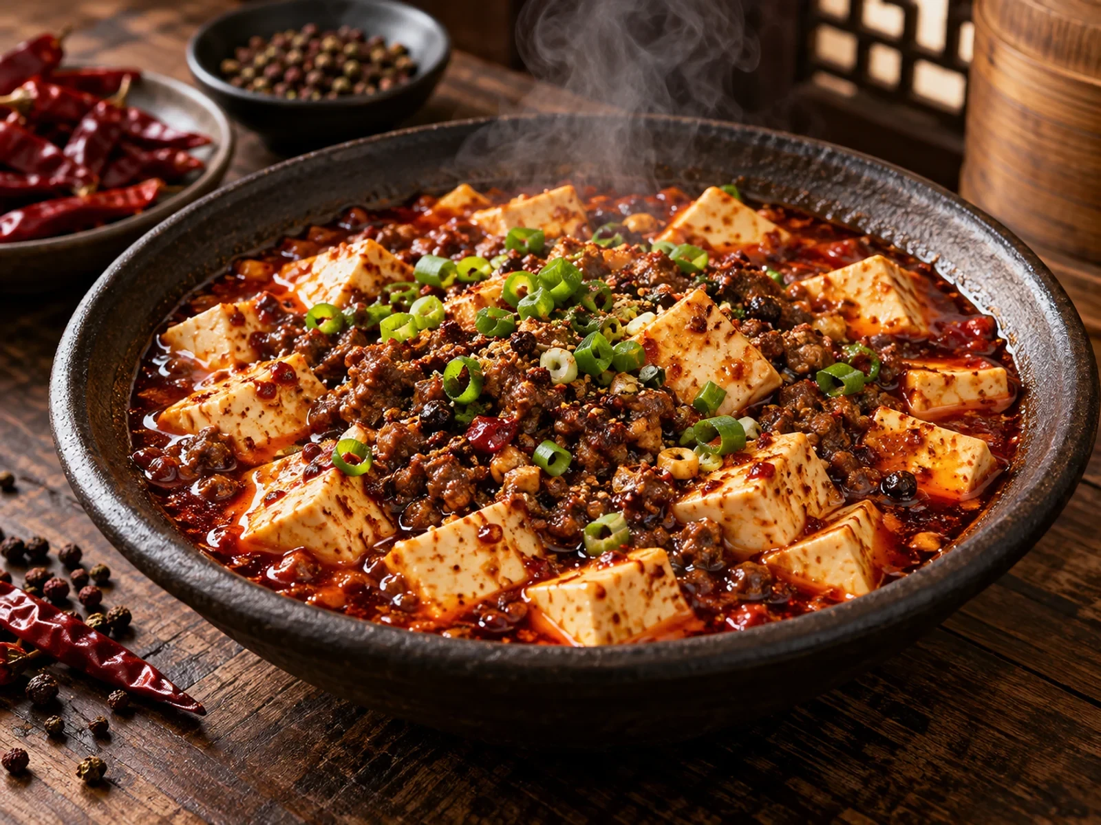Kırmızı biber yağı sosunda ipeksi tofu, dana kıyma, taze soğan ve Sichuan biberli mapo tofu