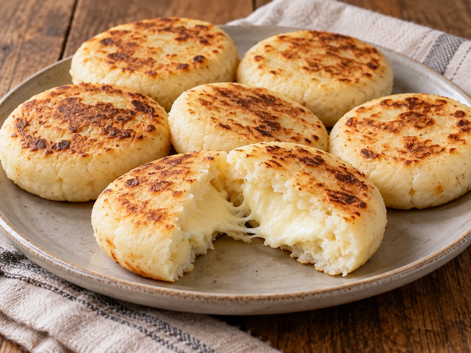Tavada altın benekli beyaz mısır arepaları ve içinden erimiş peynir görünen ikiye bölünmüş bir arepa