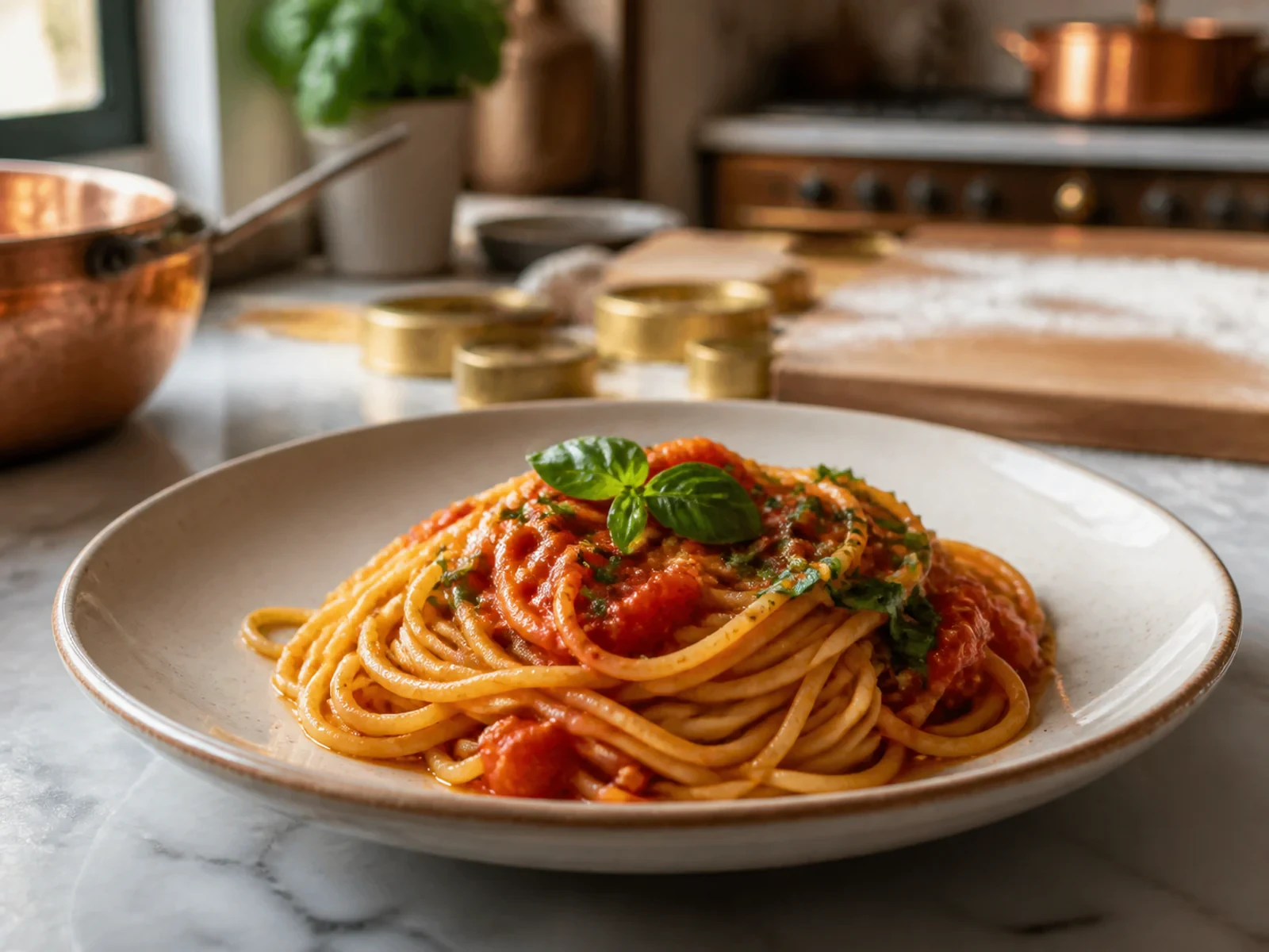 Audrey Hepburn ve Spaghetti al Pomodoro bitmiş yemek görünümü