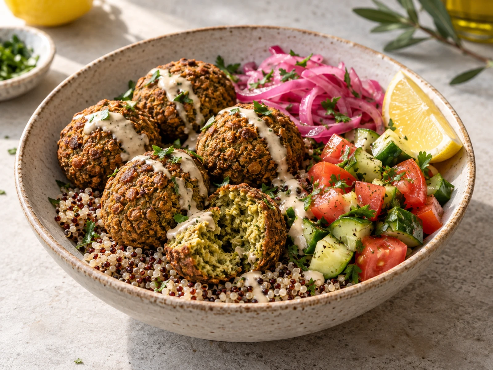 Fırında Nohut Unlu Falafel ve Tahinli Kinoa Tabağı