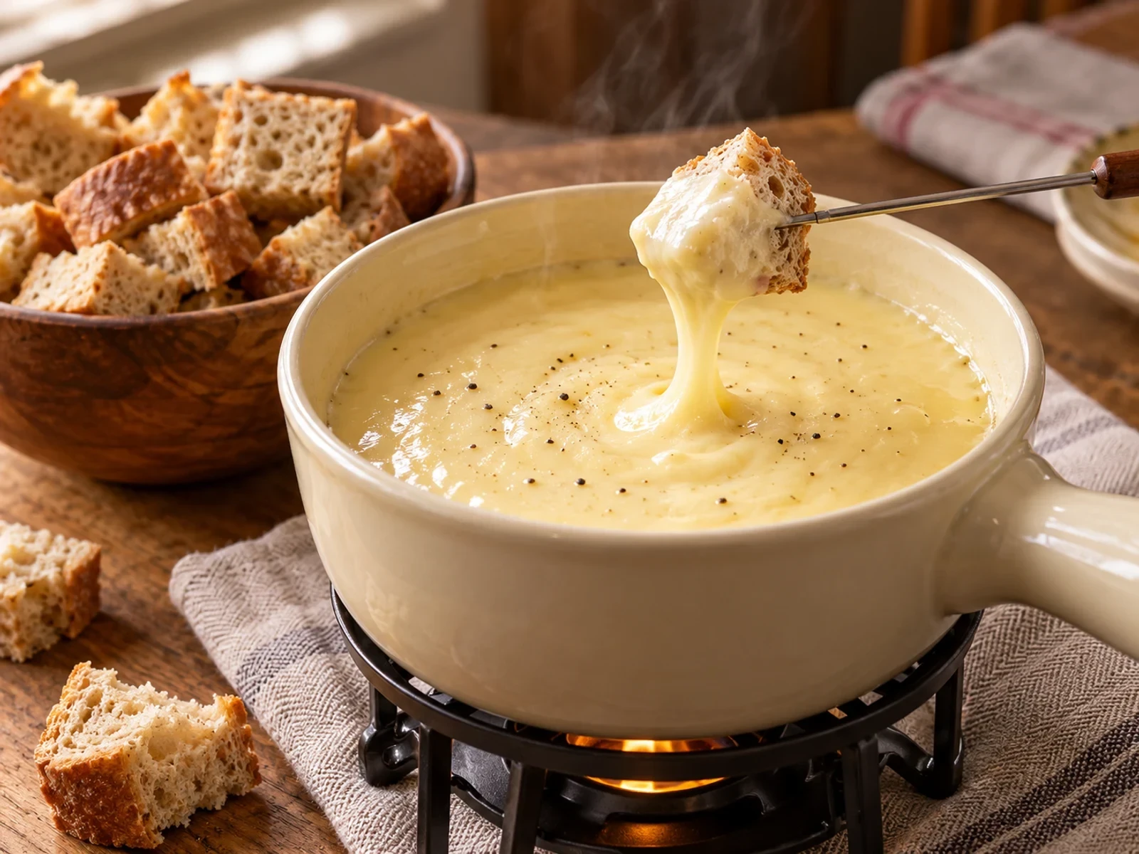 Grüyer ve Emmental Peynir Fondüsü bitmiş yemek görünümü