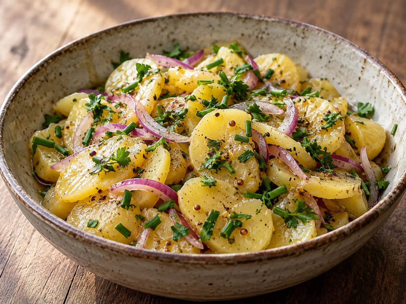 Güney Alman Usulü Patates Salatası bitmiş yemek görünümü