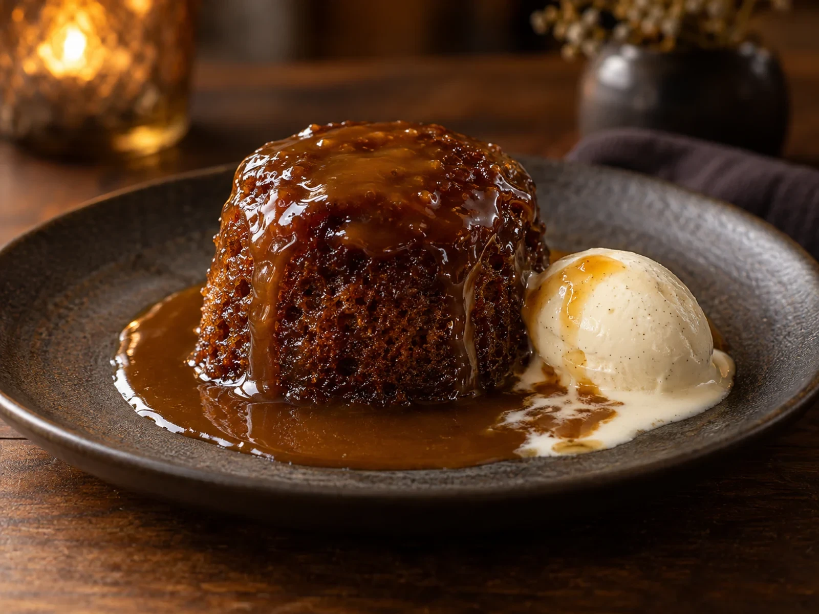 İngiliz Usulü Sticky Toffee Pudding bitmiş yemek görünümü