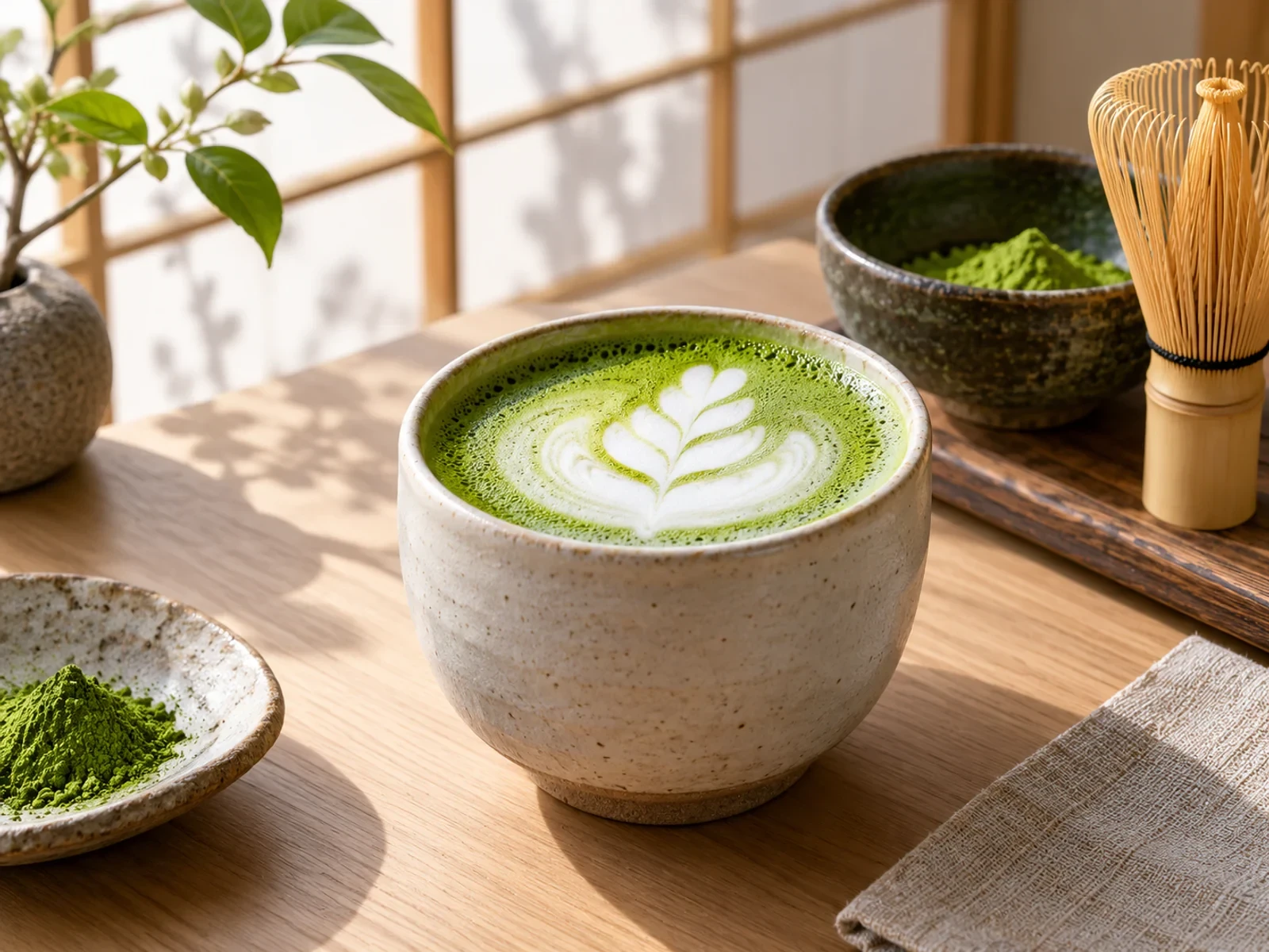 Seramik fincanda canlı yeşil, mikro köpüklü sıcak matcha latte