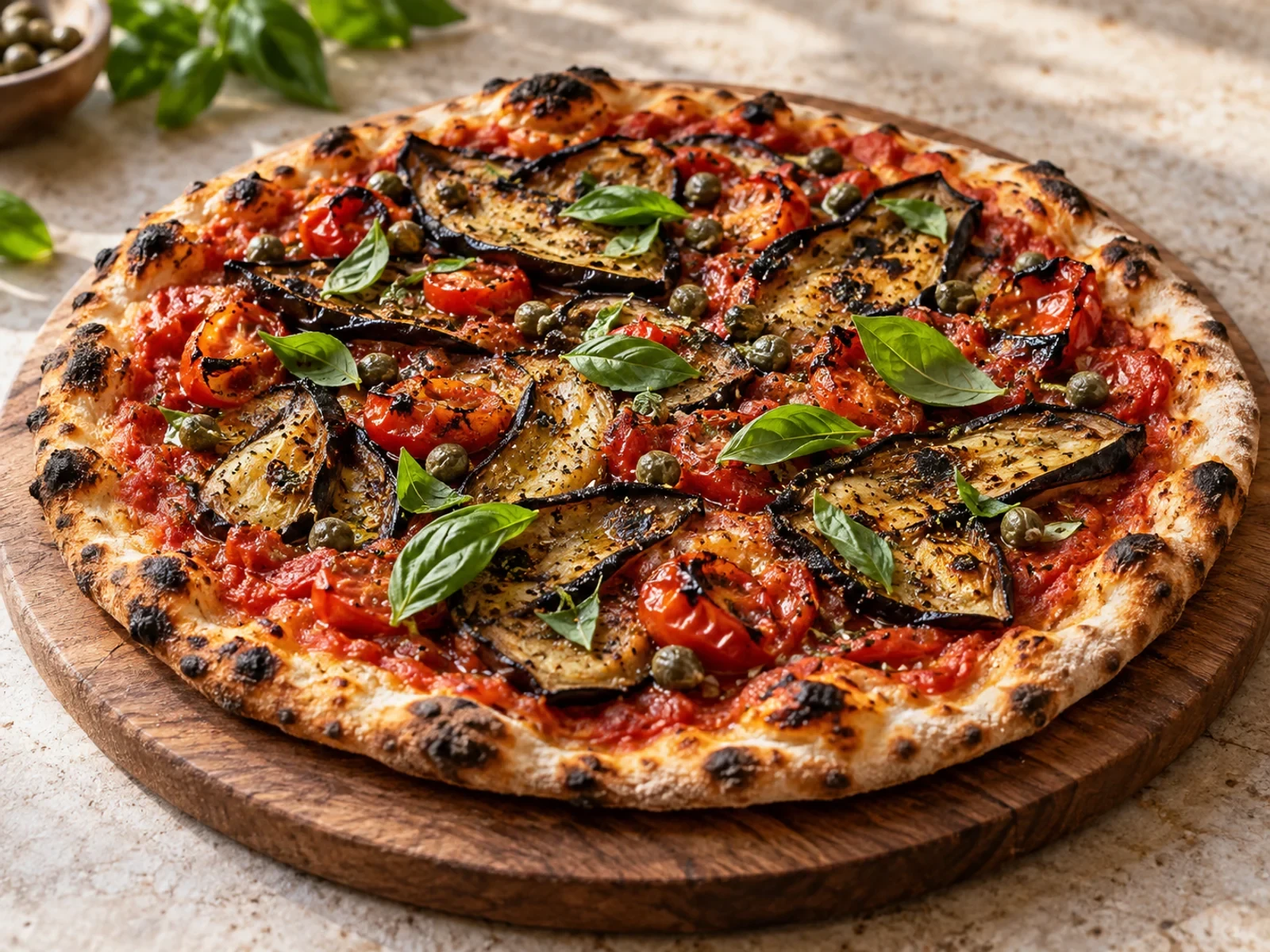 Köz Patlıcanlı Vegan Pizza bitmiş yemek görünümü