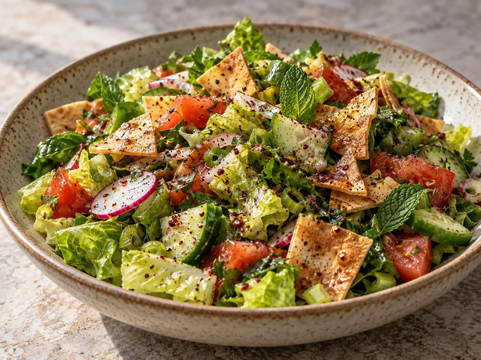 Lübnan Usulü Fattoush bitmiş yemek görünümü