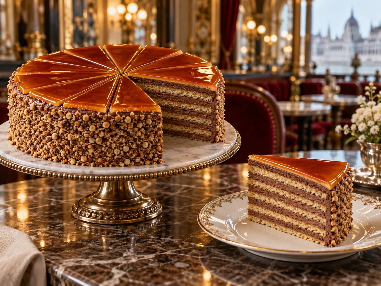 İnce katlı, karamel yelpaze kapaklı Macar Dobos Torte