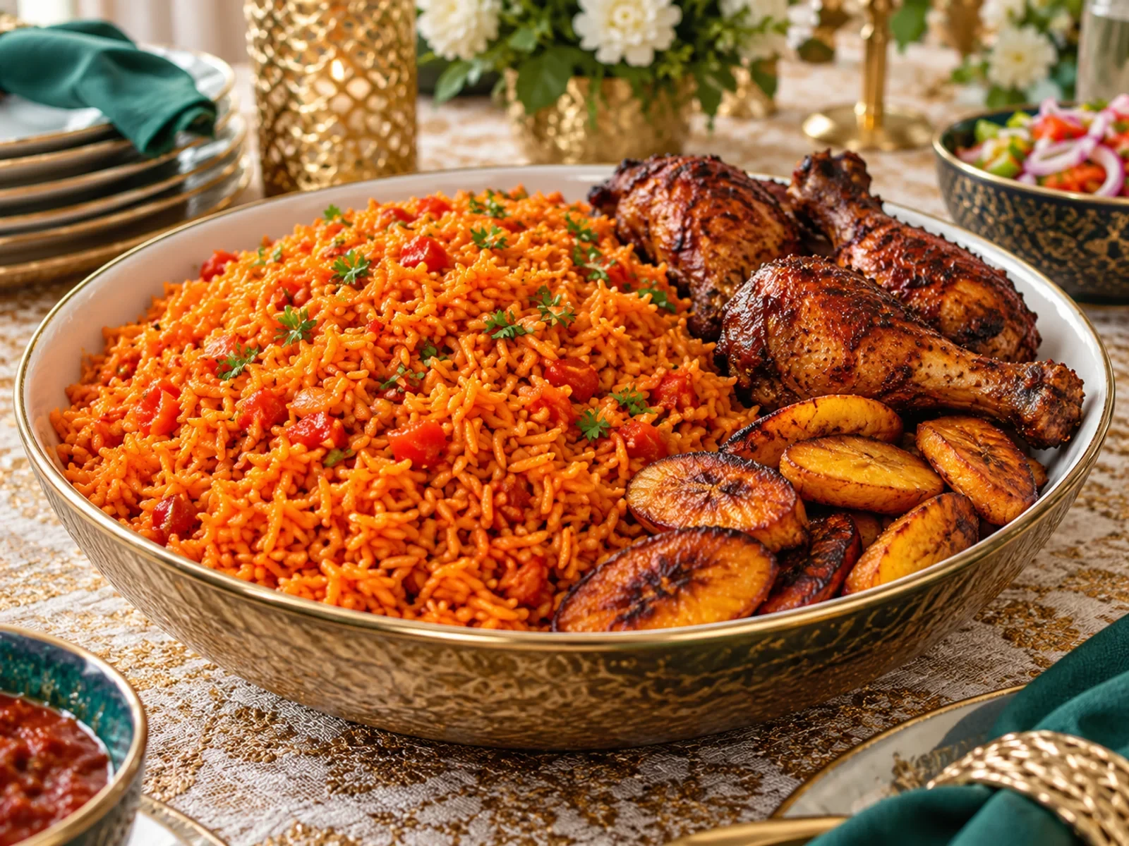 Nijerya Usulü Fırınlanmış Jollof Pilavı bitmiş yemek görünümü