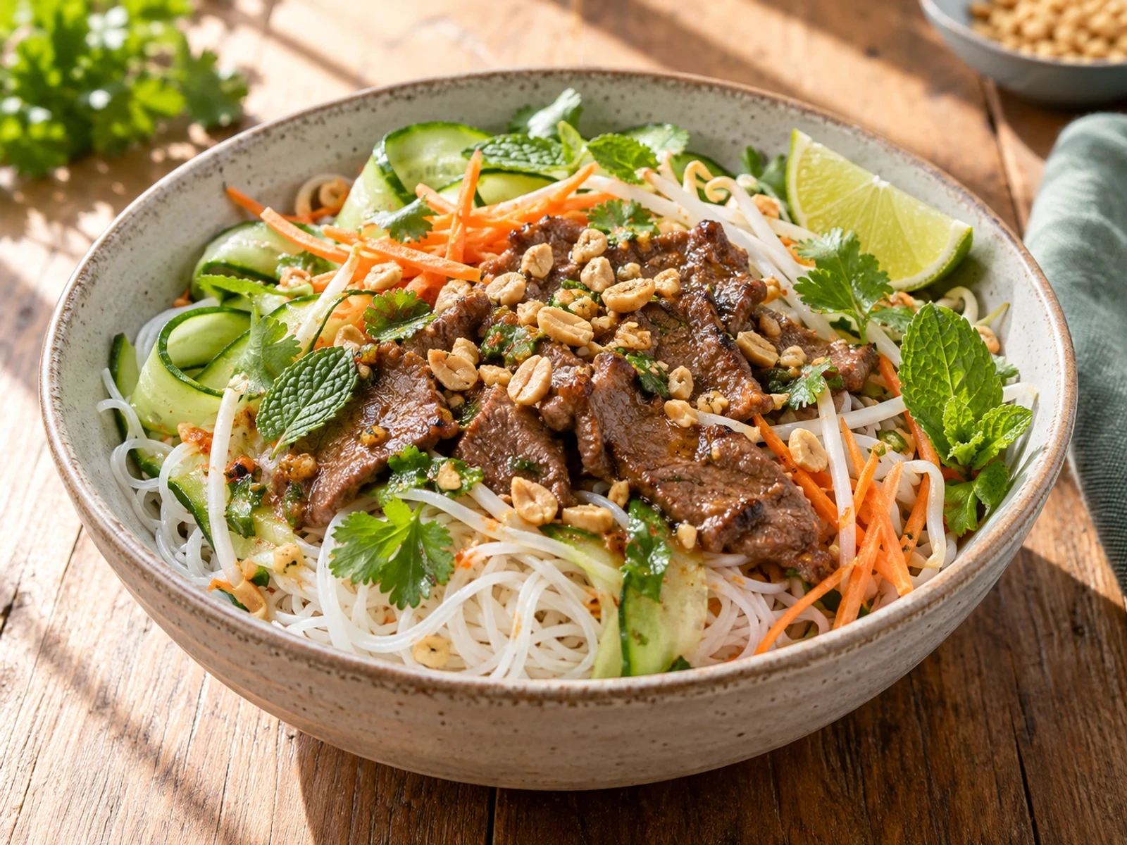 Pirinç Erişteli Fıstık Soslu Vietnam Usulü Dana Salatası
