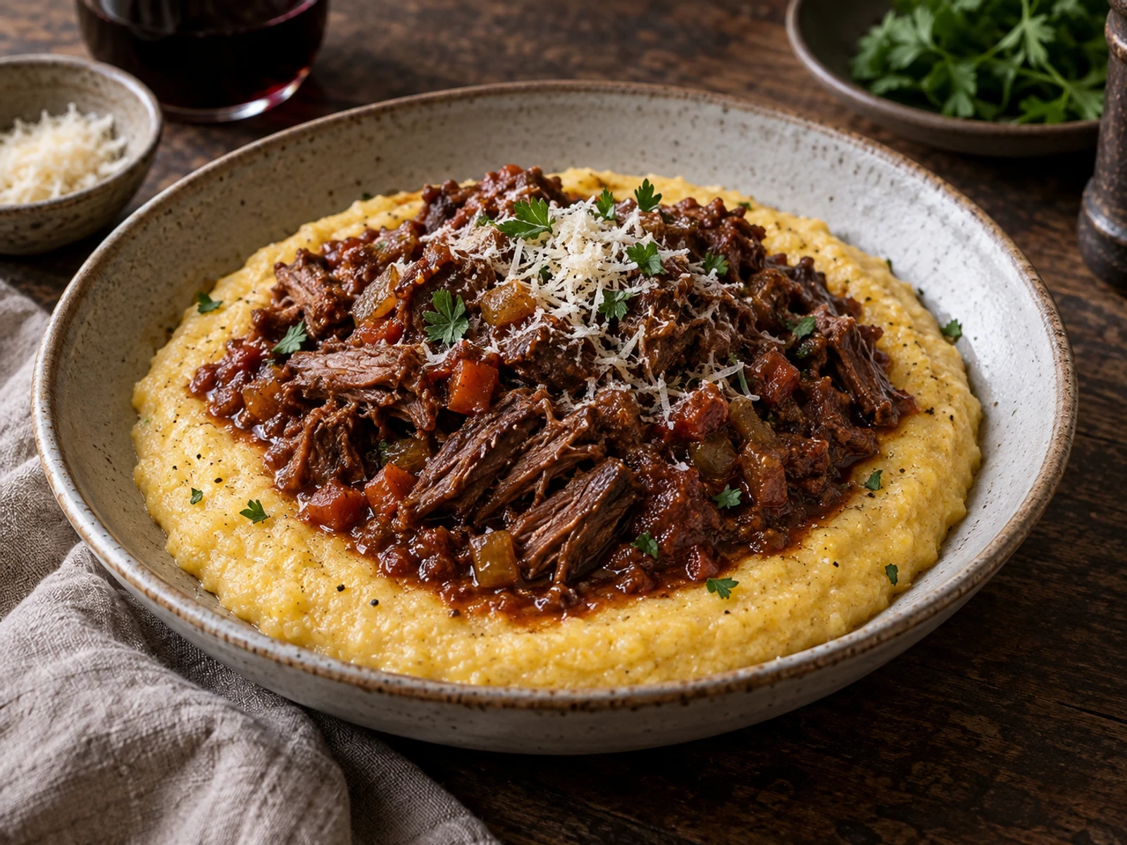 Polenta Üzerinde Kırmızı Şaraplı Dana Ragù