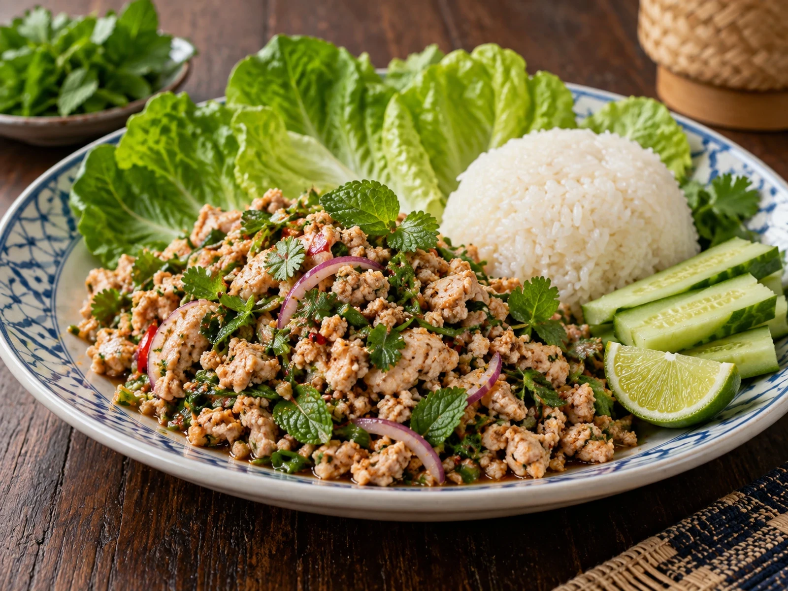 Tayland Usulü Tavuk Larb ve Yapışkan Pirinç