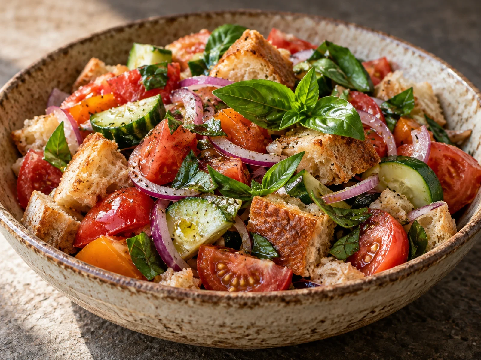 Toskana Panzanella Salatası bitmiş yemek görünümü