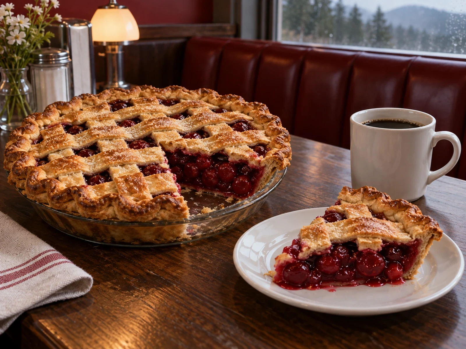 Twin Peaks ve Double R Vişneli Turtası bitmiş yemek görünümü