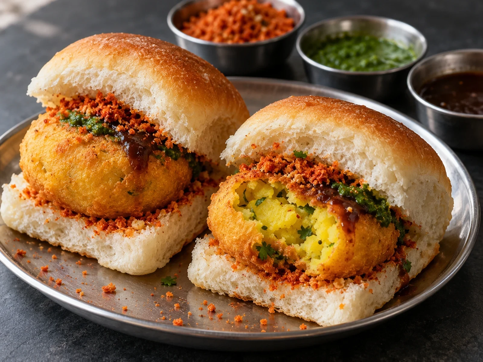 Sachin Tendulkar ve Üç Çatnili Patatesli Vada Pav bitmiş yemek görünümü