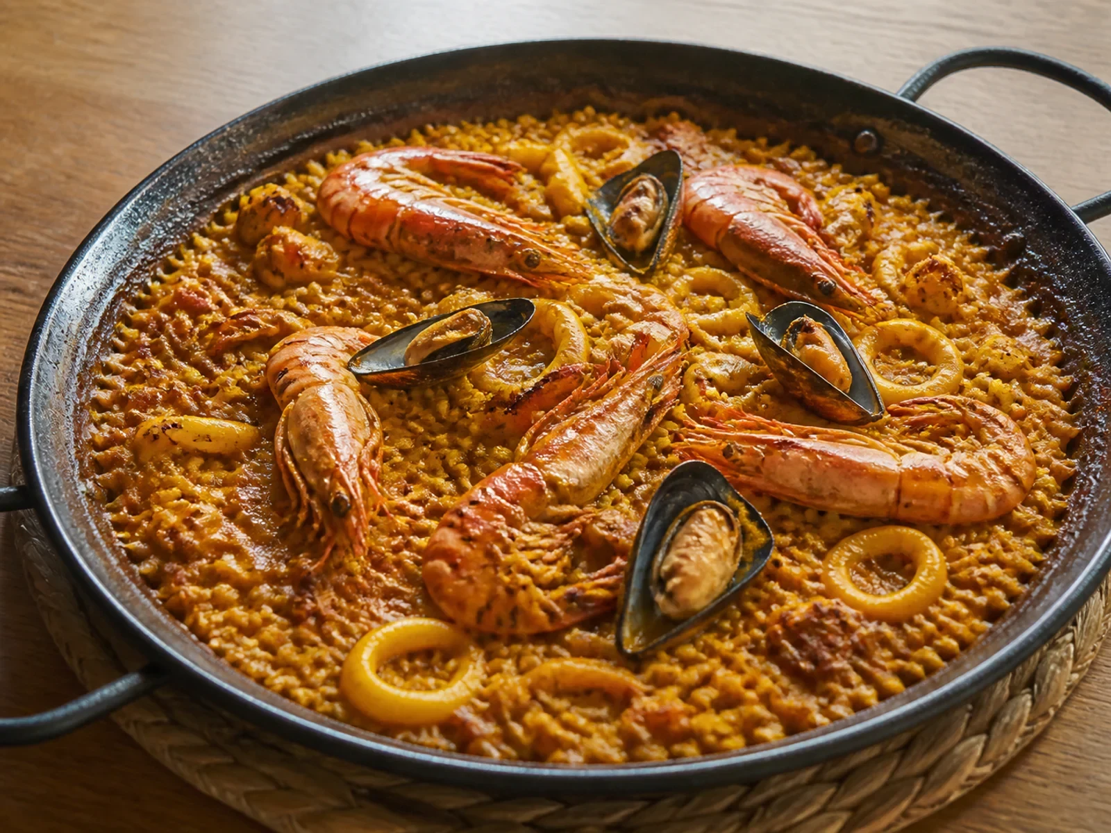 Valensiya Usulü Deniz Mahsullü Paella — Paella de Marisco bitmiş yemek görünümü