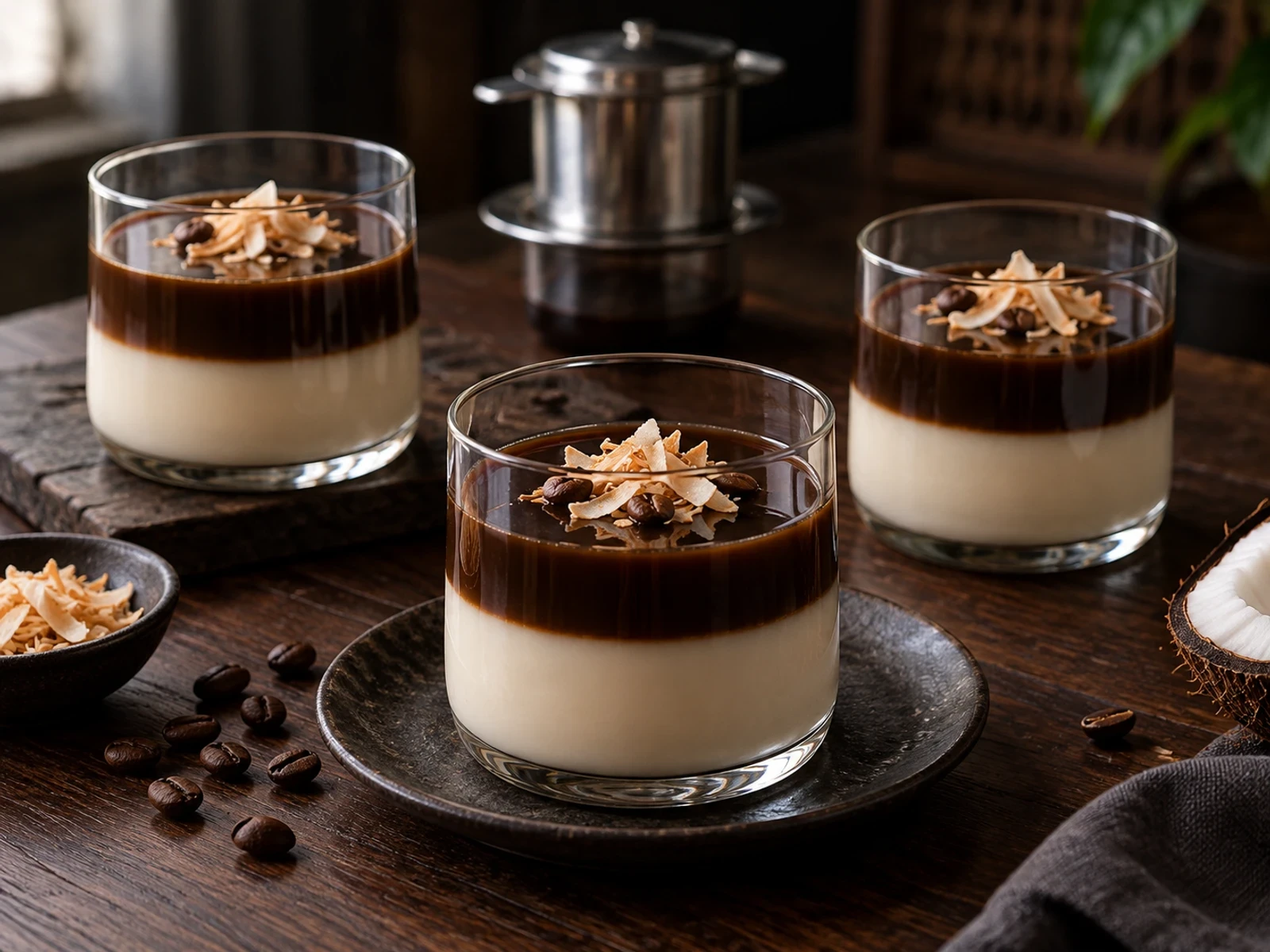 Bardakta iki katlı hindistancevizi ve koyu Vietnam kahveli panna cotta