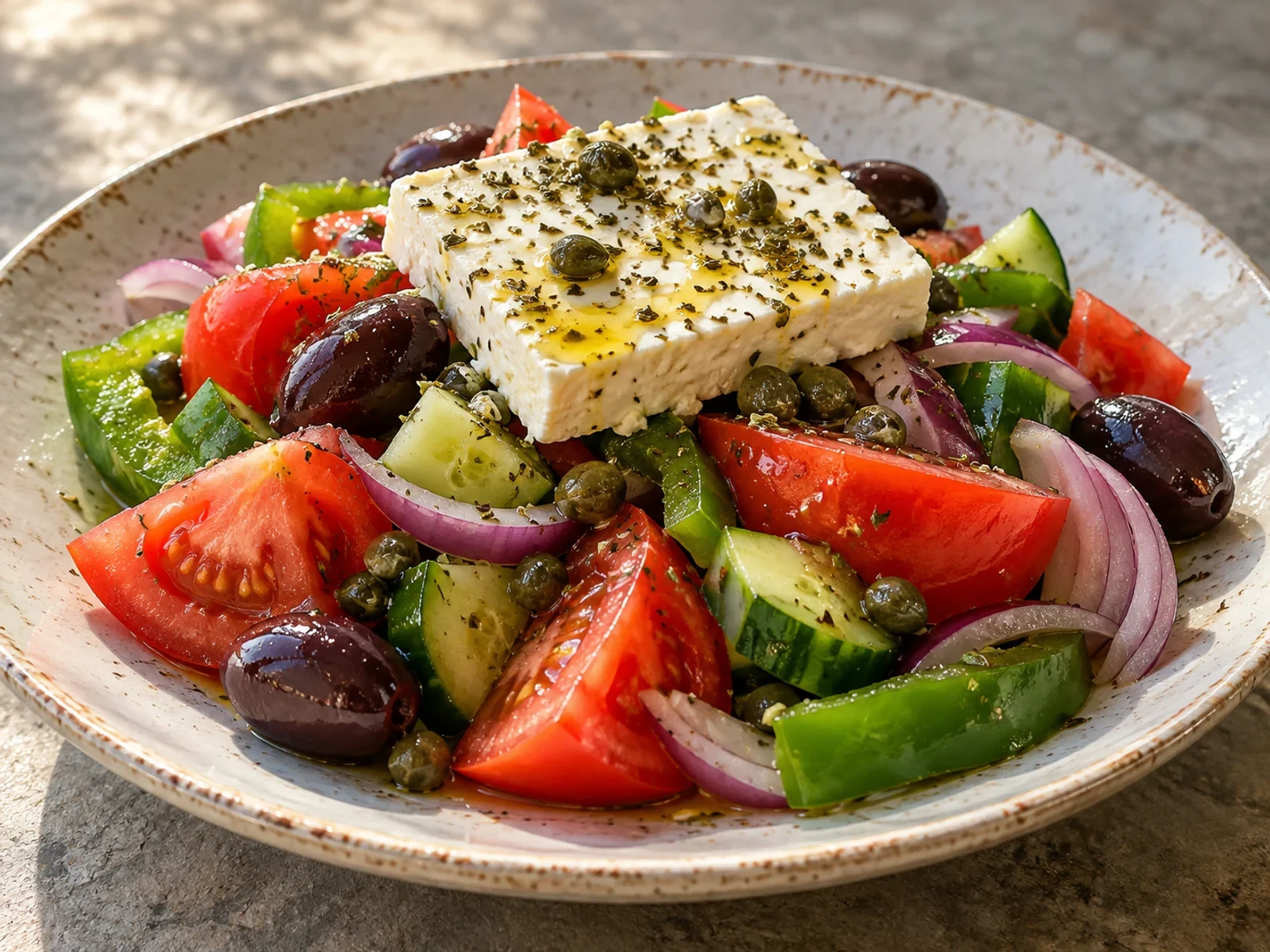 Yunan Horiatiki Salatası bitmiş yemek görünümü
