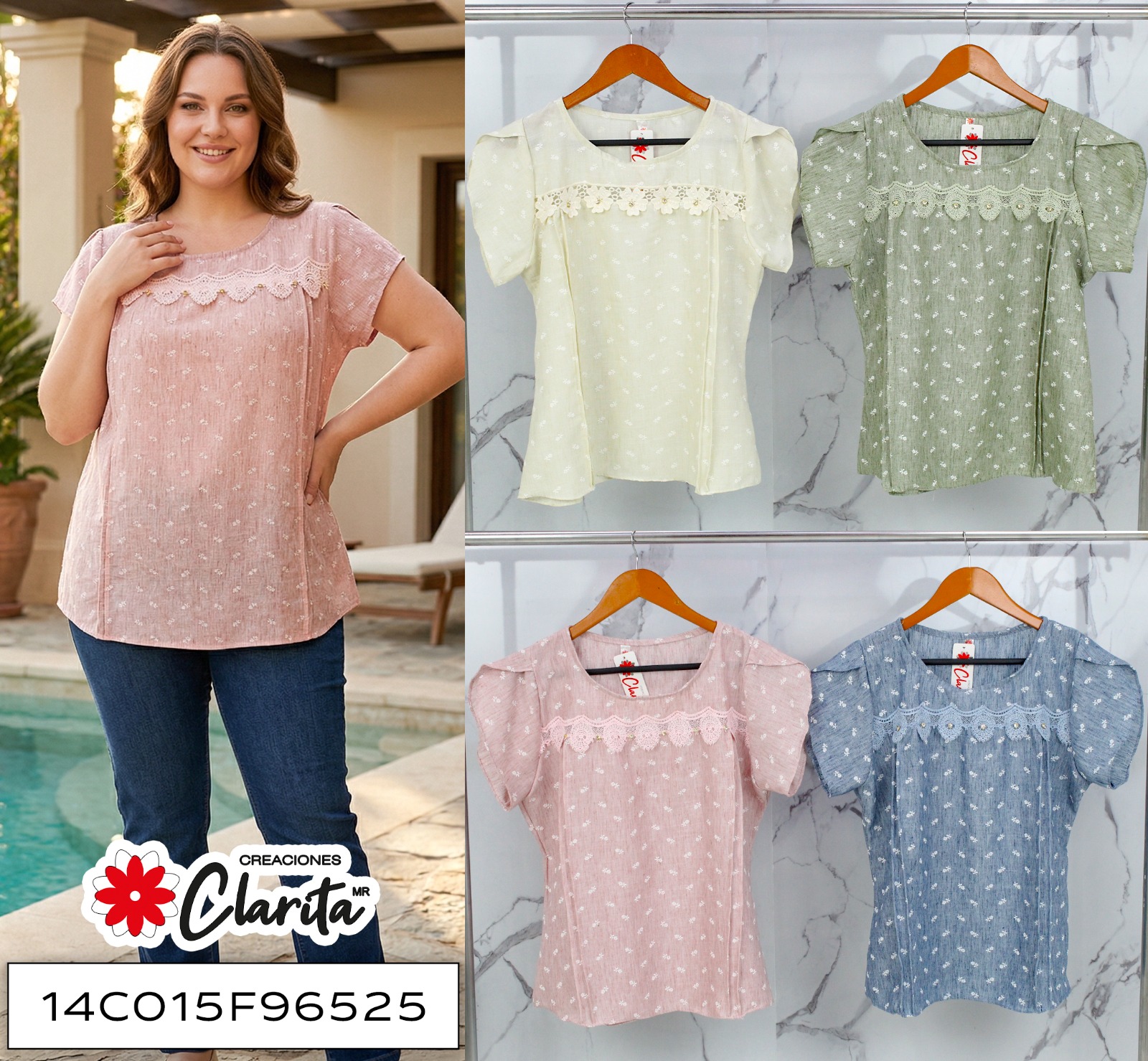 Blusa curvy manga abullonada con encaje