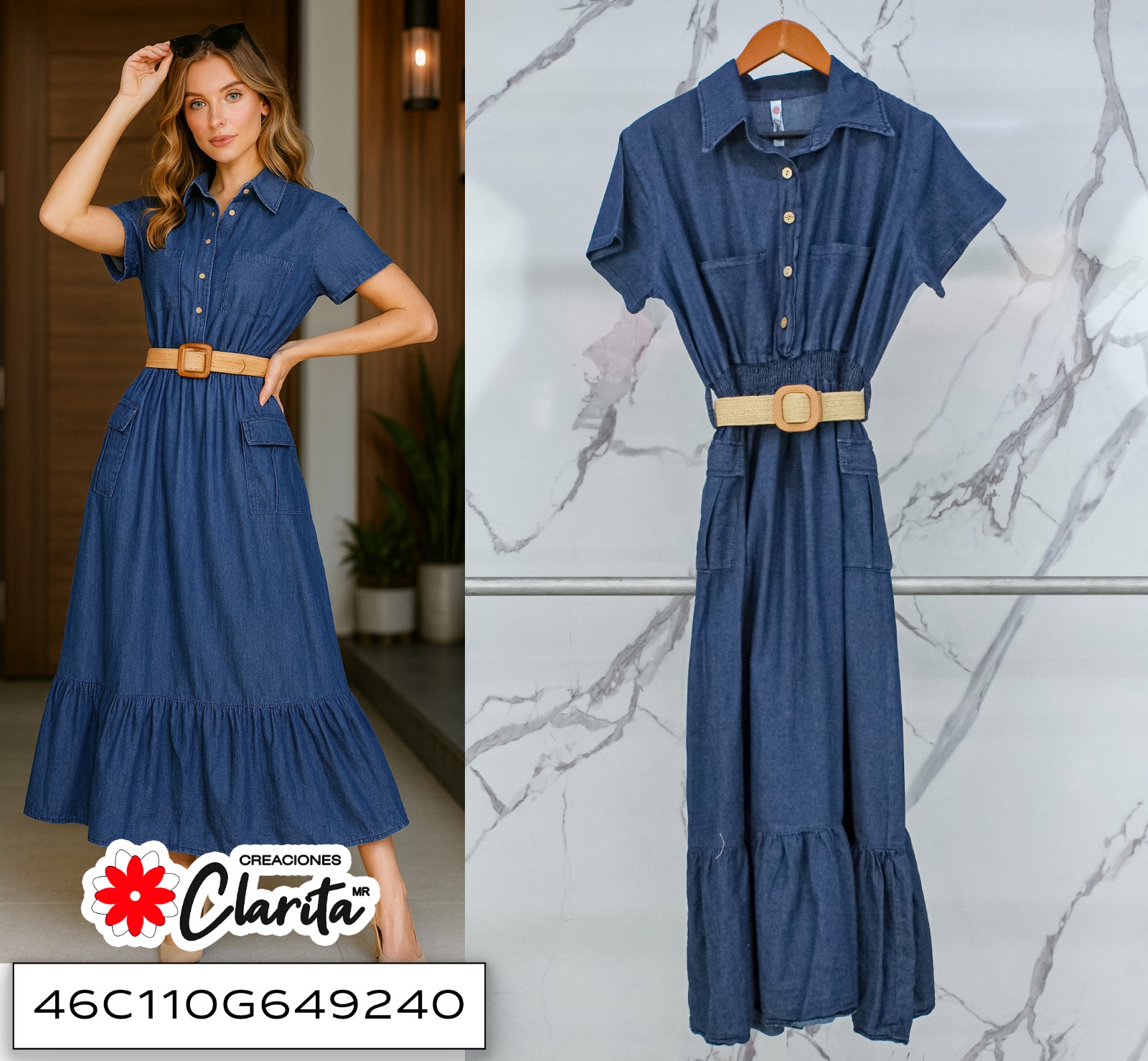 Vestido largo curvy de mezclilla con cinturón