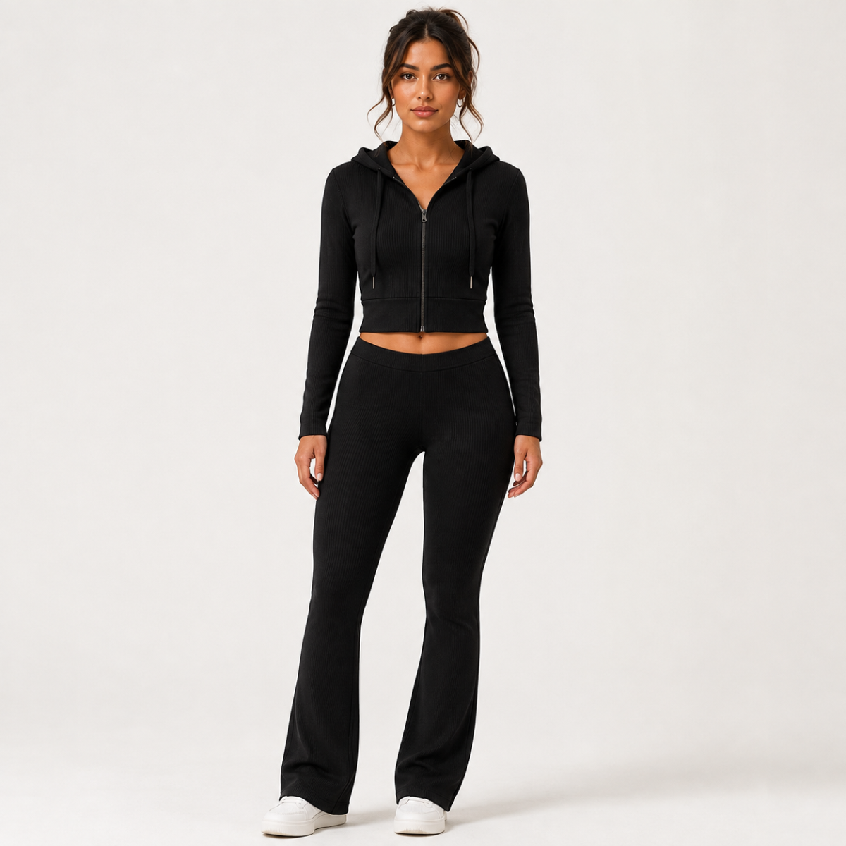 Hoodie Crop Top Mujer con Capucha Cierre Frontal y Tejido Canale Entallado