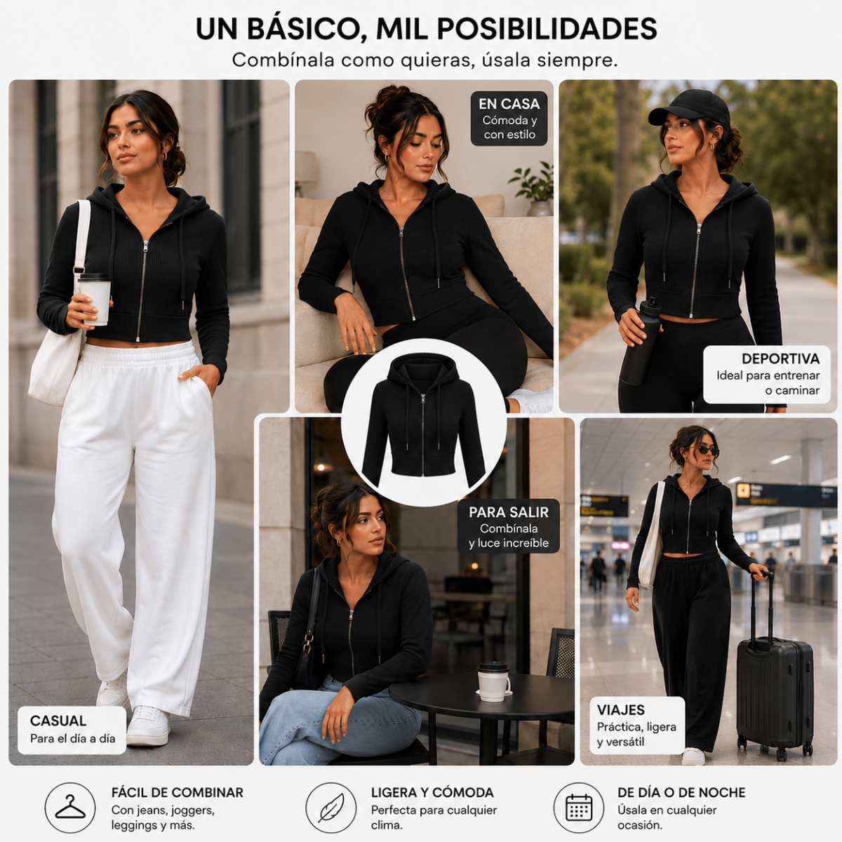 Hoodie Crop Top Mujer con Capucha Cierre Frontal y Tejido Canale Entallado