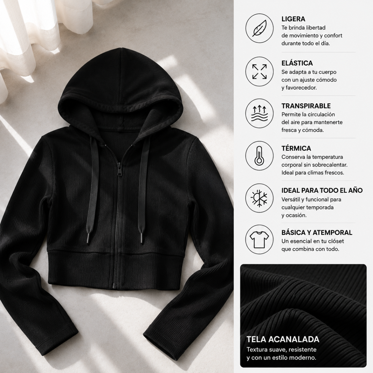 Hoodie Crop Top Mujer con Capucha Cierre Frontal y Tejido Canale Entallado