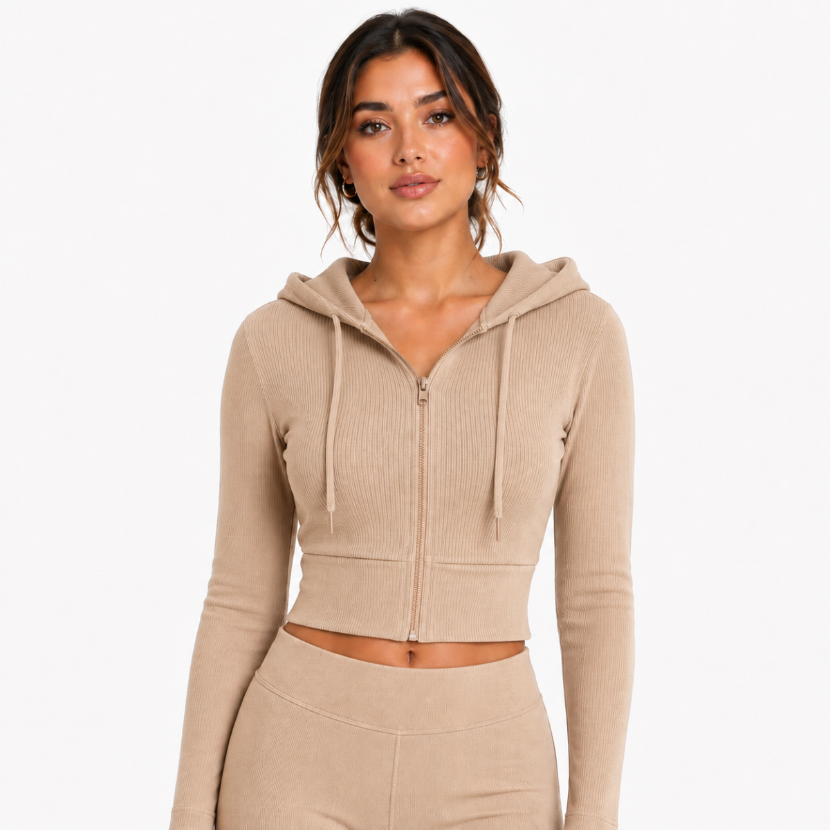 Hoodie Crop Top Mujer con Capucha Cierre Frontal y Tejido Canale Entallado
